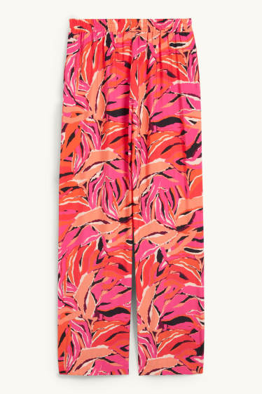 Dámské - Plátěné kalhoty - high waist - wide leg - se vzorem - oranžová