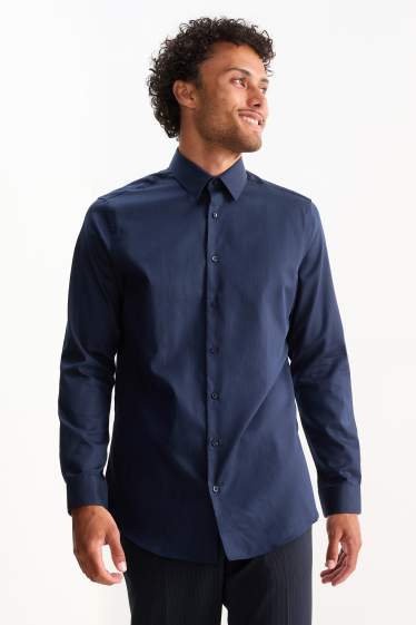Hommes - Chemise de bureau - slim fit - col kent - facile à repasser - bleu foncé