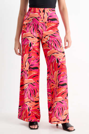 Dámské - Plátěné kalhoty - high waist - wide leg - se vzorem - oranžová