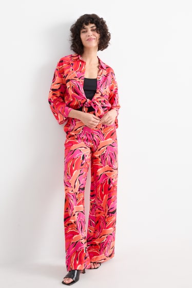 Dámské - Plátěné kalhoty - high waist - wide leg - se vzorem - oranžová