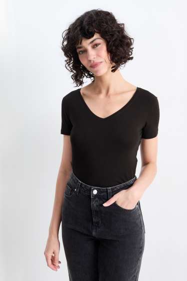 Femmes - Lot de 3 - T-shirts à col V - slim fit - noir