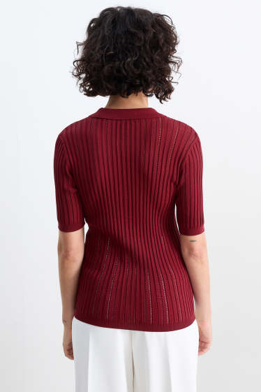 Damen - Strickpullover - kurzarm - dunkelrot