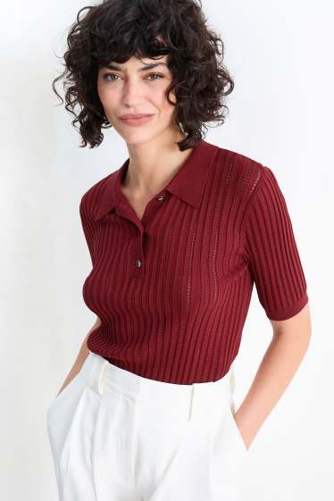 Damen - Strickpullover - kurzarm - dunkelrot