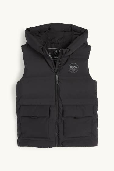 Děti - chlapci - Prošívaná vesta s kapucí - z vodoodpudivého materiálu - černá
