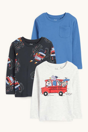 Enfants garçons - Lot de 3 - Monster truck et animaux sauvages - haut à manches longues - bleu / blanc