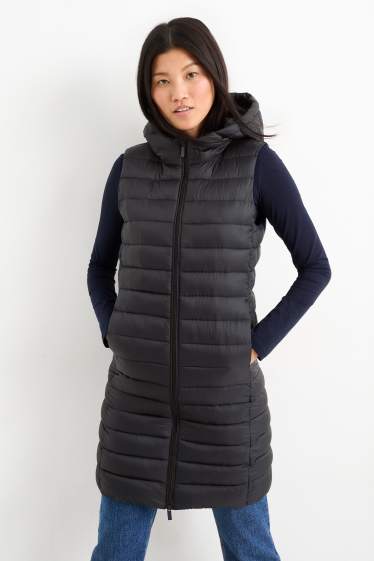 Dames - Lange bodywarmer met capuchon - zwart
