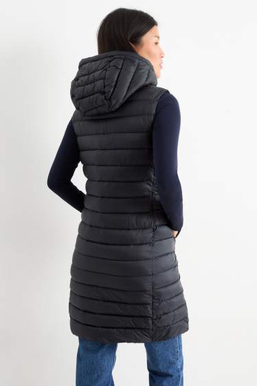 Dames - Lange bodywarmer met capuchon - zwart