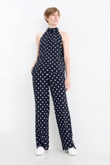 Women - Cloth trousers - high waist - wide leg - polka dot - dark blue
