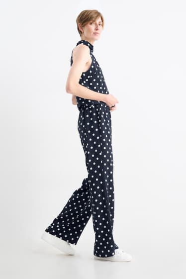 Women - Cloth trousers - high waist - wide leg - polka dot - dark blue