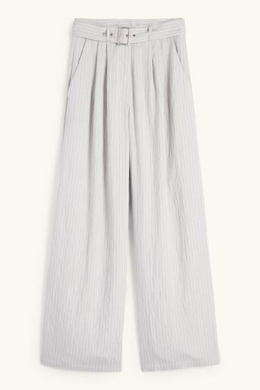 Dámské - Plátěné kalhoty s páskem - high waist - wide leg - úzký proužek - světle šedá