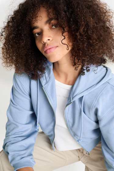 Femmes - Sweat zippé en molleton court avec capuche - bleu