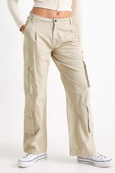 Damen - Cargohose - Mid Waist - Wide Leg - hellbeige