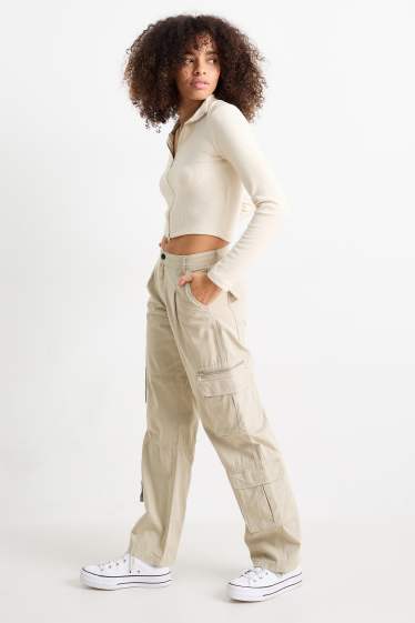 Damen - Cargohose - Mid Waist - Wide Leg - hellbeige