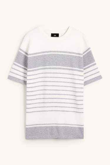 Hommes - Pull en maille - manches courtes - à rayures - texturé - gris clair