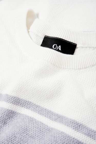 Hommes - Pull en maille - manches courtes - à rayures - texturé - gris clair