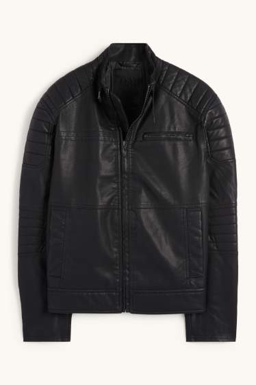 Pánské - Motorkářská bunda - imitace kůže - černá