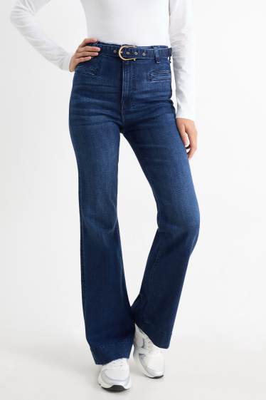 Dames - Flared jeans met riem - high waist - LYCRA® - jeansblauw