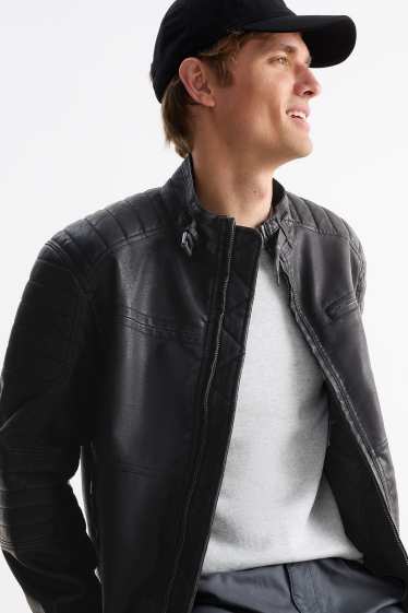 Pánské - Motorkářská bunda - imitace kůže - černá