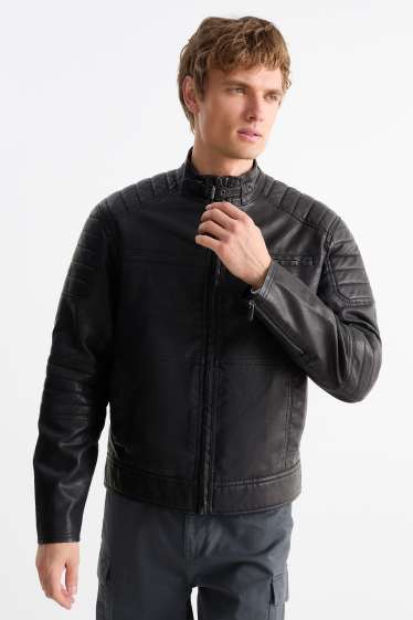 Pánské - Motorkářská bunda - imitace kůže - černá