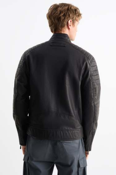 Pánské - Motorkářská bunda - imitace kůže - černá