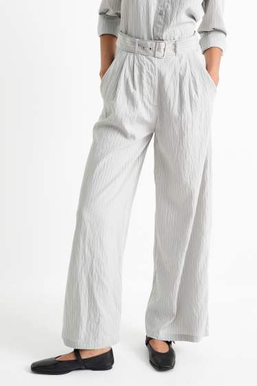 Dámské - Plátěné kalhoty s páskem - high waist - wide leg - úzký proužek - světle šedá