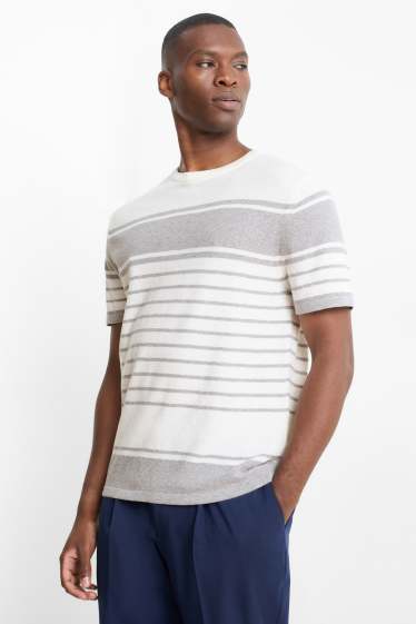 Hommes - Pull en maille - manches courtes - à rayures - texturé - gris clair