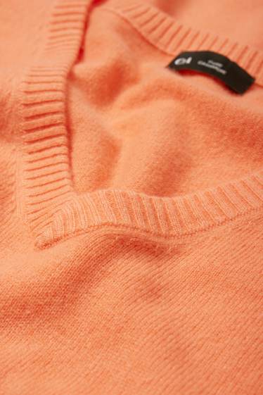 Femei - Pulover cașmir cu decolteu în V - portocaliu