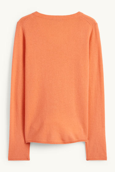 Femei - Pulover cașmir cu decolteu în V - portocaliu