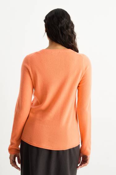 Femei - Pulover cașmir cu decolteu în V - portocaliu