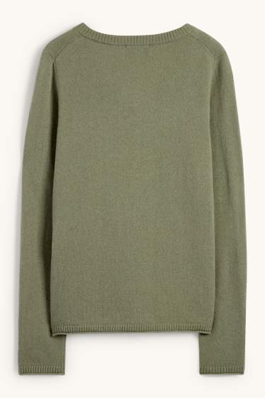 Dámské - Kašmírový svetr s výstřihem ve tvaru V - khaki