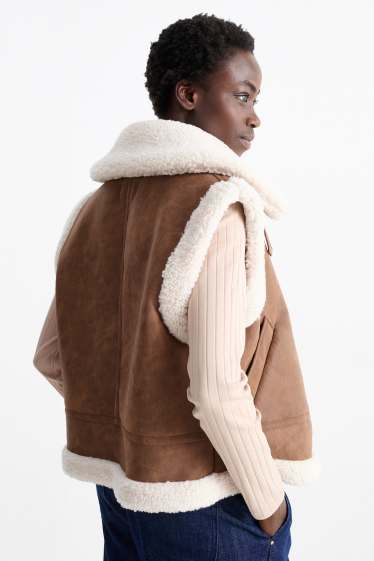 Damen - Faux Shearling Weste - Lederimitat - braun