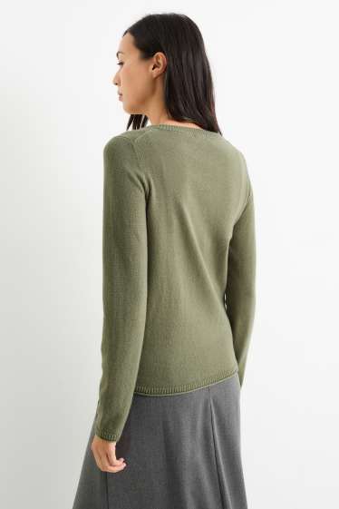 Dámské - Kašmírový svetr s výstřihem ve tvaru V - khaki