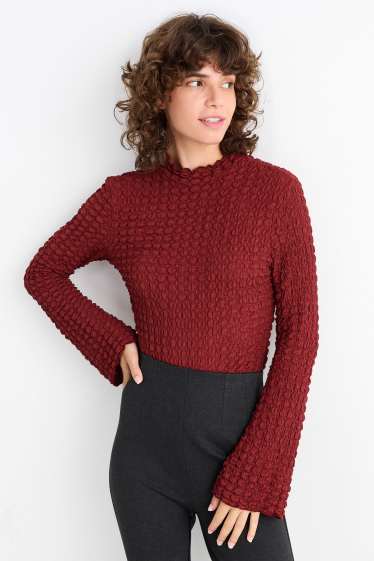 Damen - Langarmshirt - strukturiert - dunkelrot