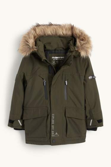 Enfants garçons - Veste à capuche, dotée d'une garniture d'imitation fourrure - imperméable - vert foncé