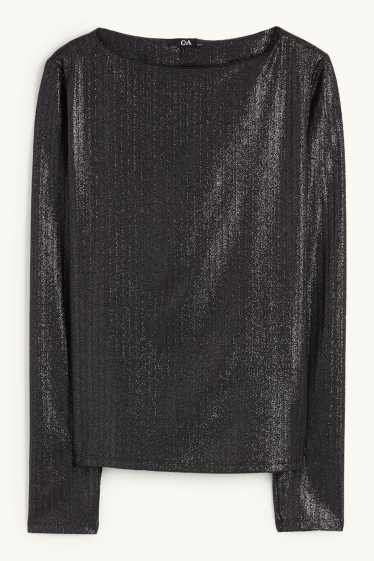 Damen - Langarmshirt - gerippt - glänzend - schwarz