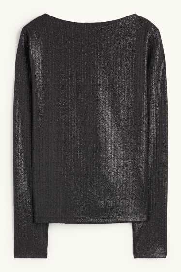 Damen - Langarmshirt - gerippt - glänzend - schwarz