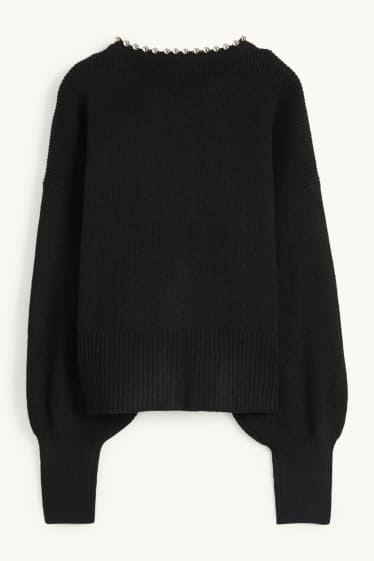 Women - Cardigan - ribbed - black