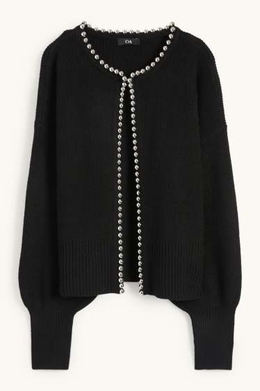 Women - Cardigan - ribbed - black