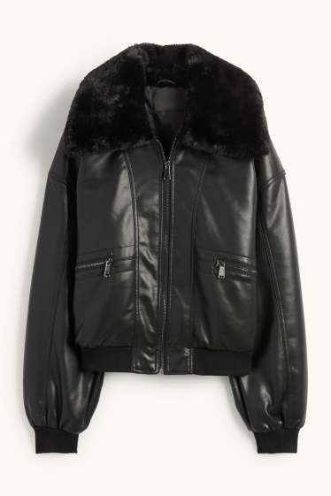 Damen - Bomberjacke mit Kunstfellbesatz - Lederimitat - schwarz