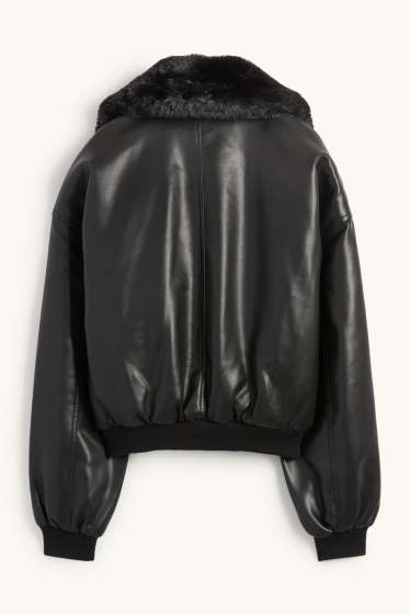 Damen - Bomberjacke mit Kunstfellbesatz - Lederimitat - schwarz