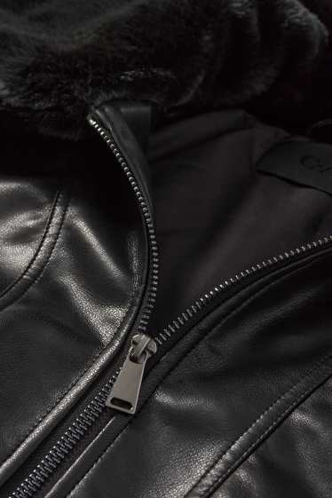 Damen - Bomberjacke mit Kunstfellbesatz - Lederimitat - schwarz