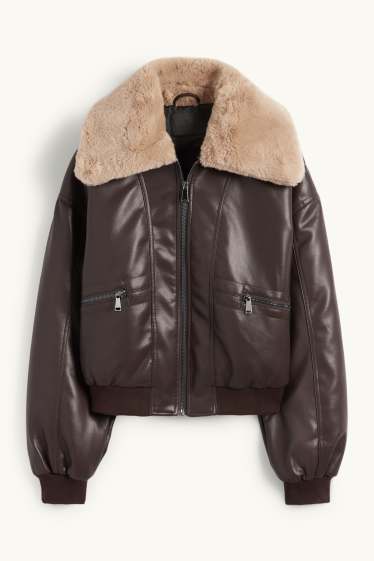 Damen - Bomberjacke mit Kunstfellbesatz - Lederimitat - dunkelbraun
