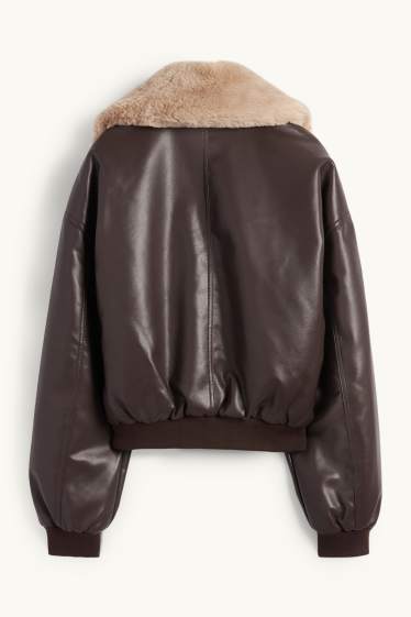 Damen - Bomberjacke mit Kunstfellbesatz - Lederimitat - dunkelbraun