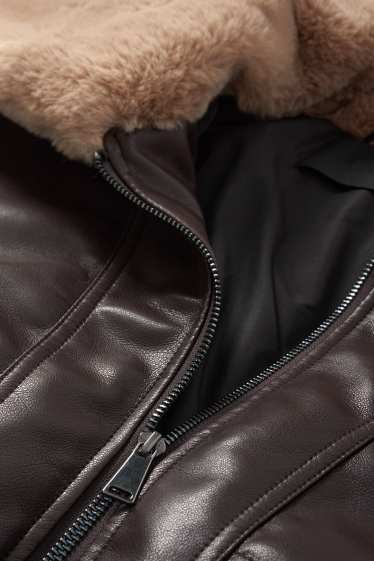 Damen - Bomberjacke mit Kunstfellbesatz - Lederimitat - dunkelbraun