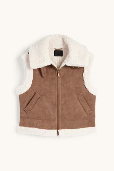 Damen - Faux Shearling Weste - Lederimitat - braun