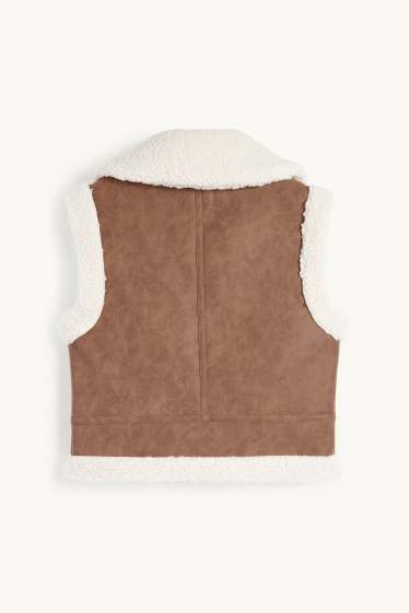 Damen - Faux Shearling Weste - Lederimitat - braun