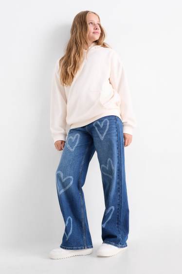 Children Girls - Heart - wide leg jeans - blue denim