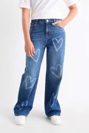 Children Girls - Heart - wide leg jeans - blue denim