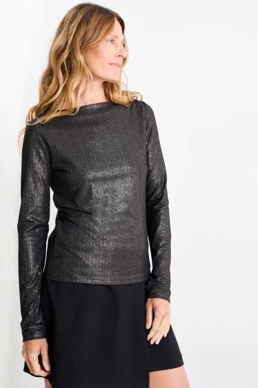 Damen - Langarmshirt - gerippt - glänzend - schwarz