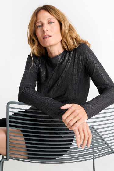 Damen - Langarmshirt - gerippt - glänzend - schwarz
